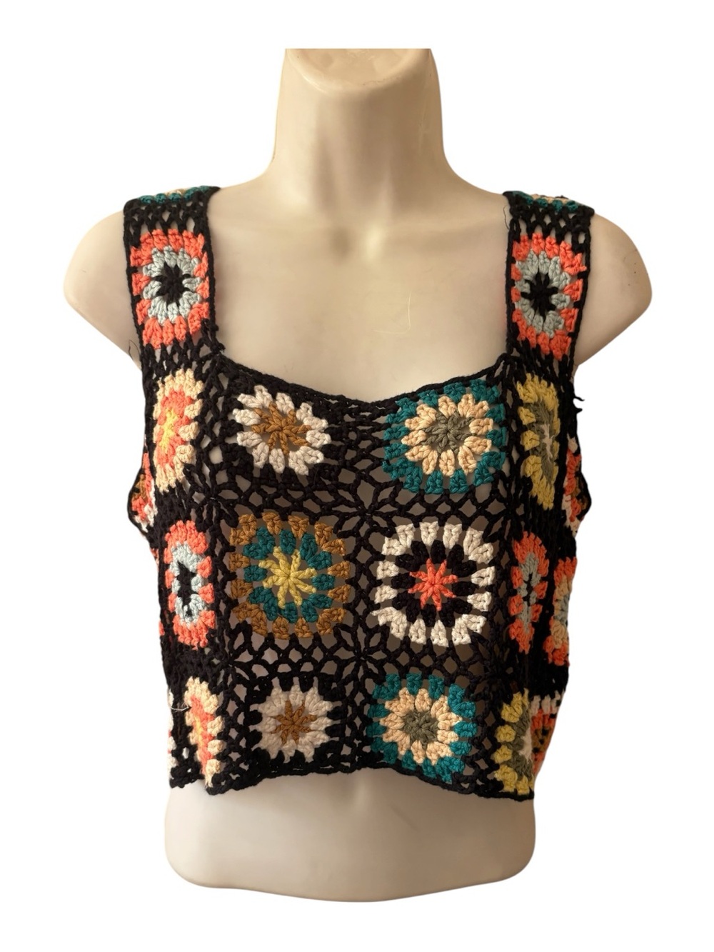 Black Crochet Floral Square-Panel Crop Top with Multicolor Accents